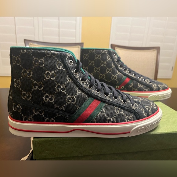 New Gucci Tennis 1977  GG Supreme Denim High Sneaker Shoes Size UK 12 / US 12.5 - Picture 2 of 16
